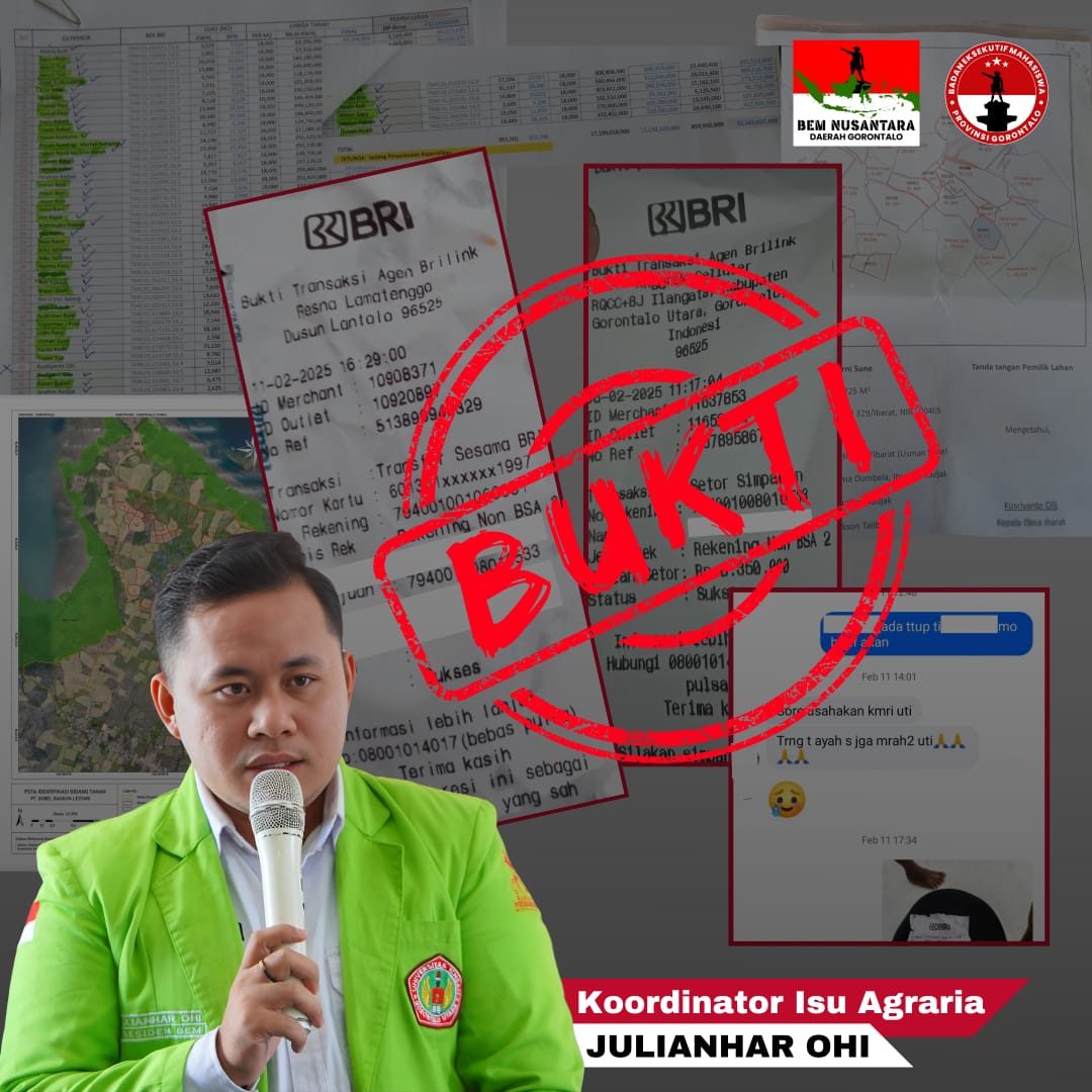 BEM PROVINSI GORONTALO - COPOT DAN ADILI OKNUM KADES YANG DI DUGA TERLIBAT DALAM KASUS AGRARIA DI KECAMATAN ANGGREK (DESA IBARAT