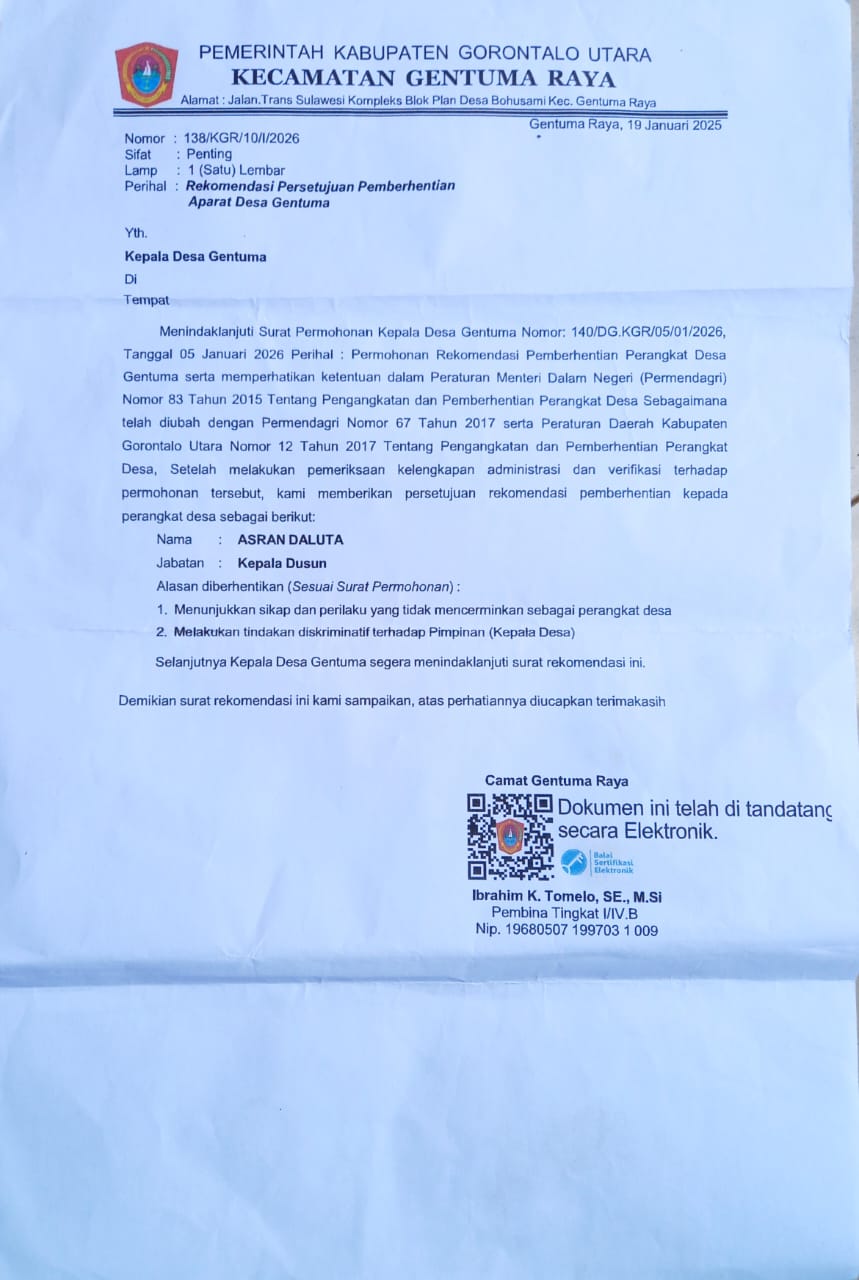 Kepala Dusun di Gentuma Raya Mengaku Dipecat Sepihak, SK Terbit Sebelum Rekomendasi Camat